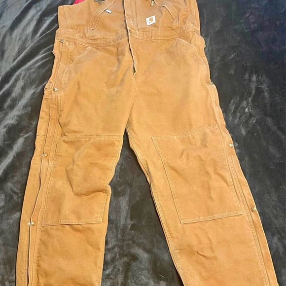 90’s Carhartt Men's Tan/Brown Lined Overall Bibs